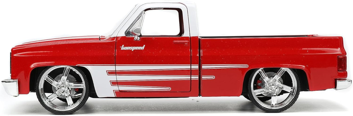 Just Trucks 1:24 1985 Chevy C10 Die-Cast Truck w/Tire Rack, Toys for Kids and Adults(Red/White)