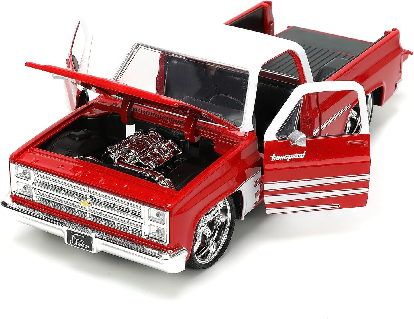 Just Trucks 1:24 1985 Chevy C10 Die-Cast Truck w/Tire Rack, Toys for Kids and Adults(Red/White)