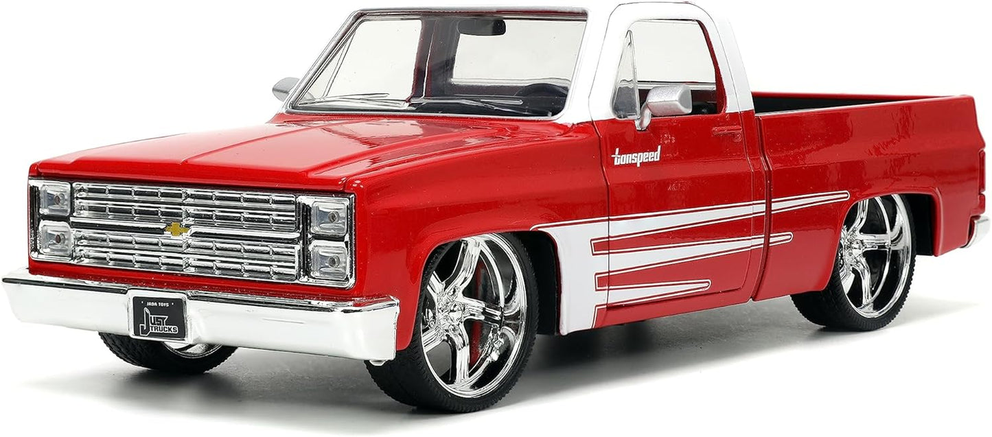 Just Trucks 1:24 1985 Chevy C10 Die-Cast Truck w/Tire Rack, Toys for Kids and Adults(Red/White)