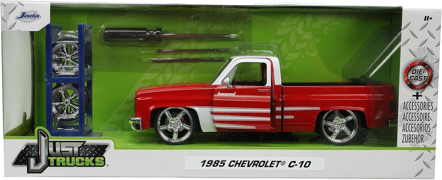 Just Trucks 1:24 1985 Chevy C10 Die-Cast Truck w/Tire Rack, Toys for Kids and Adults(Red/White)