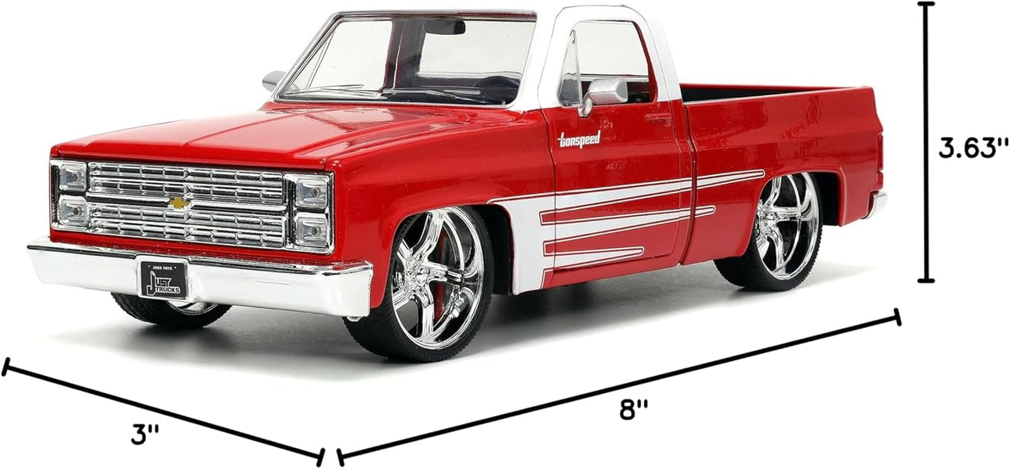 Just Trucks 1:24 1985 Chevy C10 Die-Cast Truck w/Tire Rack, Toys for Kids and Adults(Red/White)