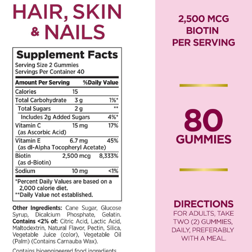 Nature's Bounty Hair, Skin & Nails Gummies, Biotin 2500mcg, Strawberry, 80ct.